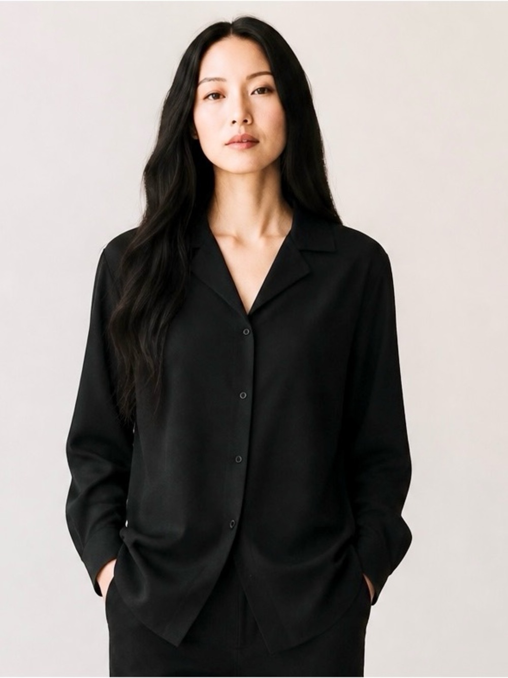 Adrianna Papell Black Button-Front Notched Collar Shirt